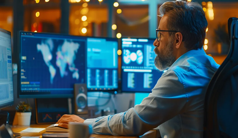 Business professional sitting at a desk learning what is a self service knowledge base