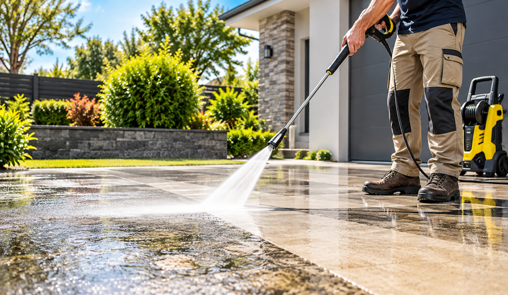 Pressure Washing a Sunny Driveway