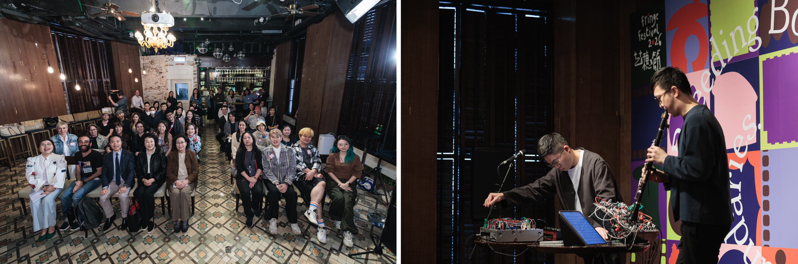 Left to right: Fringe Fest Opening Group Photo, Performance Showcase of Chris Cheung and Linus Fung