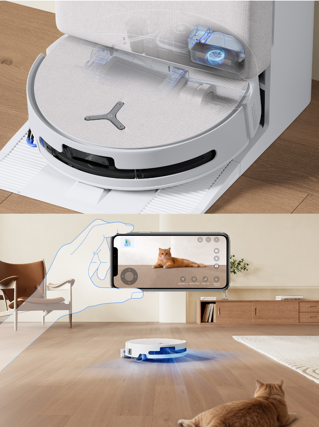 OMNI Station features Fresh-flow Power Washing and Dirty Water Box Auto-Cleaning so users no longer have to clean the machine manually. AGENT YIKO uses intelligent scene recognition to detect cleaning zones and avoid pets while cleaning.