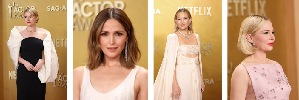 Jessie Buckley, Rose Byrne, Kate Hudson and Michelle Williams at the Actors Awards wear natural diamonds; Photo Credits: Getty Images
