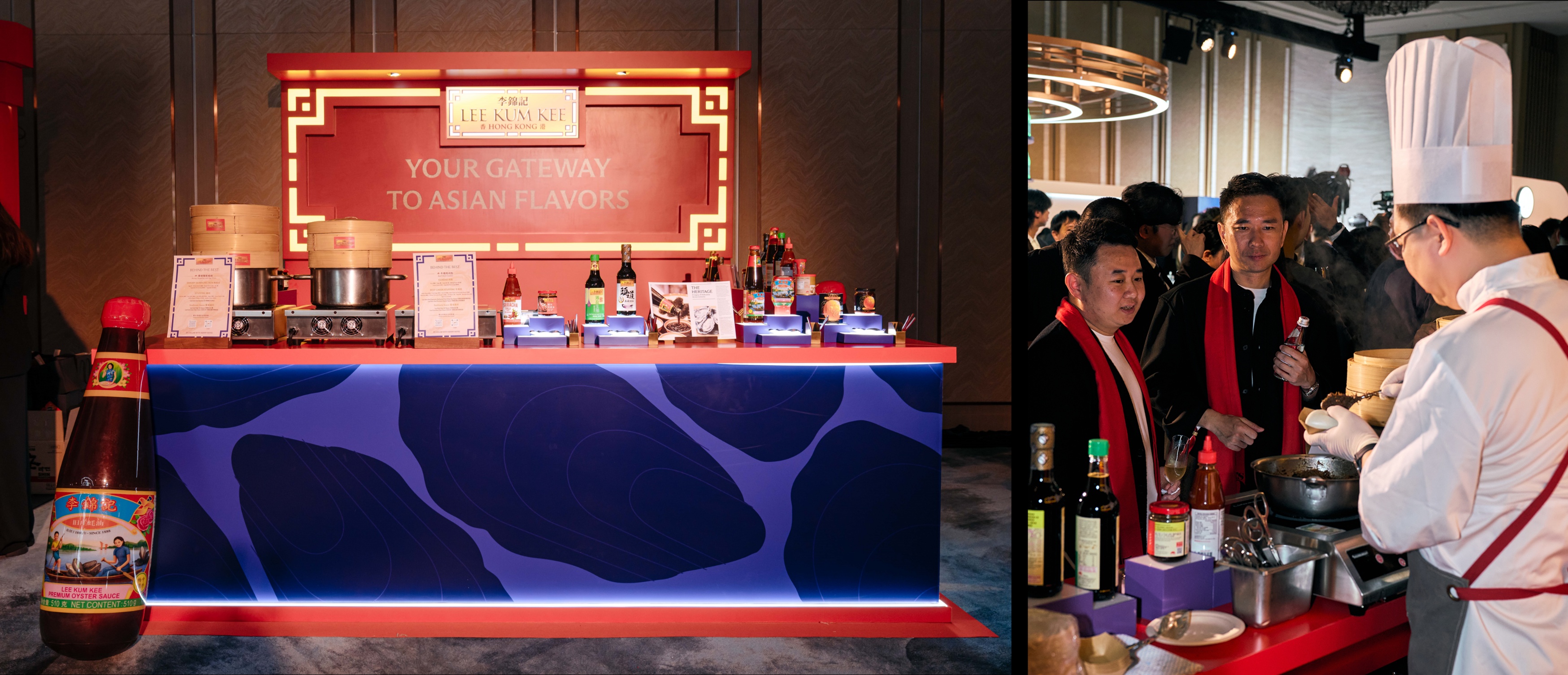 Guests taste creative canapes: beef cheek guabao and shrimp dumpling with egg white; and exchange culinary insights at the Lee Kum Kee booth.