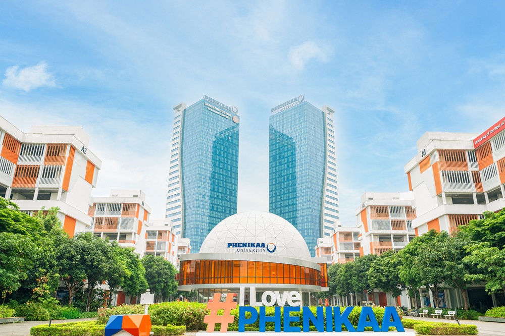 Phenikaa University campus, with Phenikaa Planetarium set against the twin 30-storey towers.