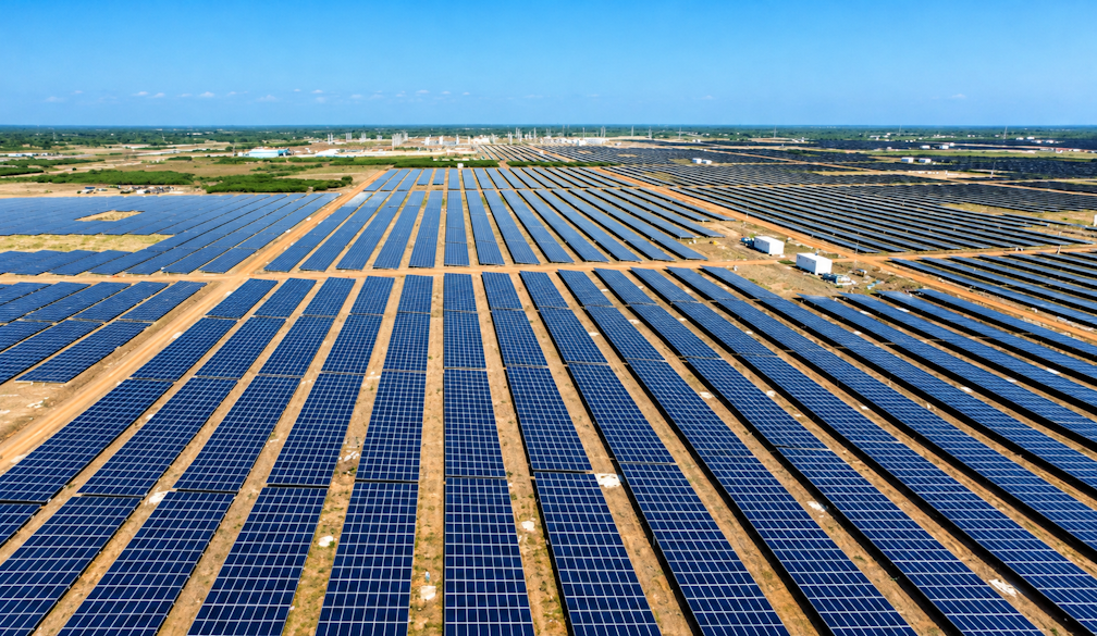 Expansive Solar Farm Under Blue Skies