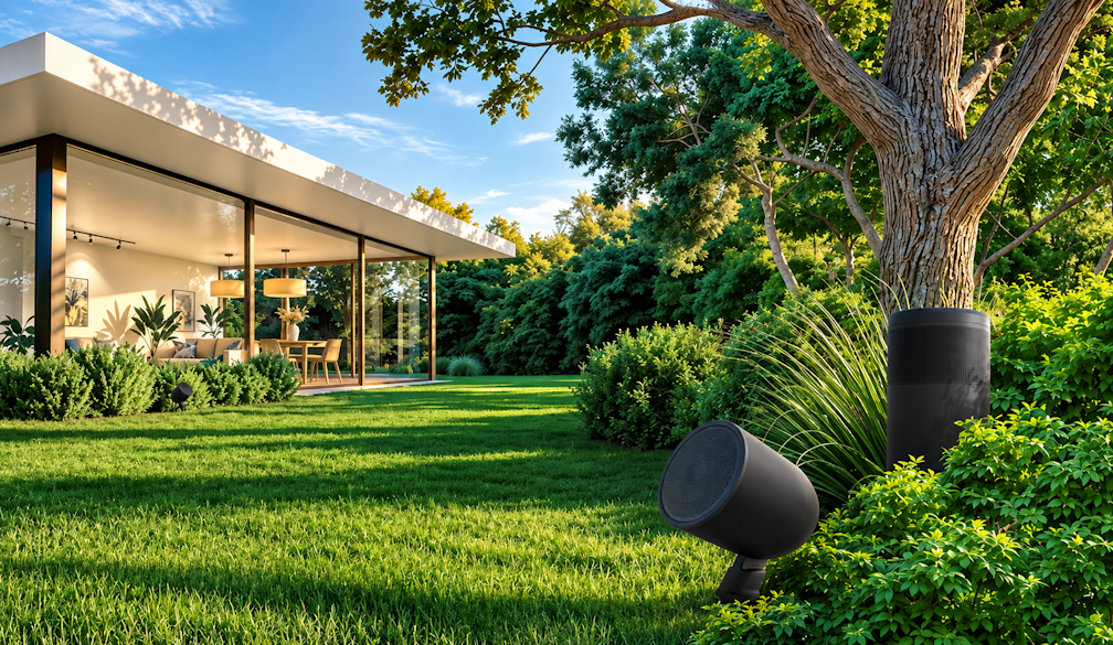 Sunlit Modern Garden with Landscape Speakers